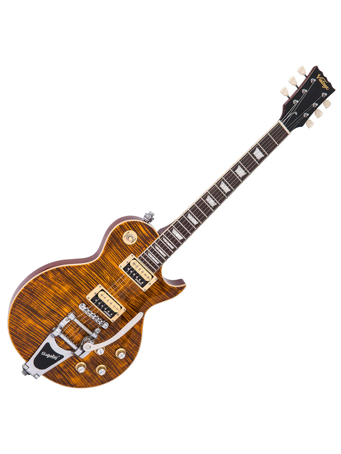 Guitarra eléctrica vintage V100 reeditada con Bigsby ~ Ámbar flameado 1