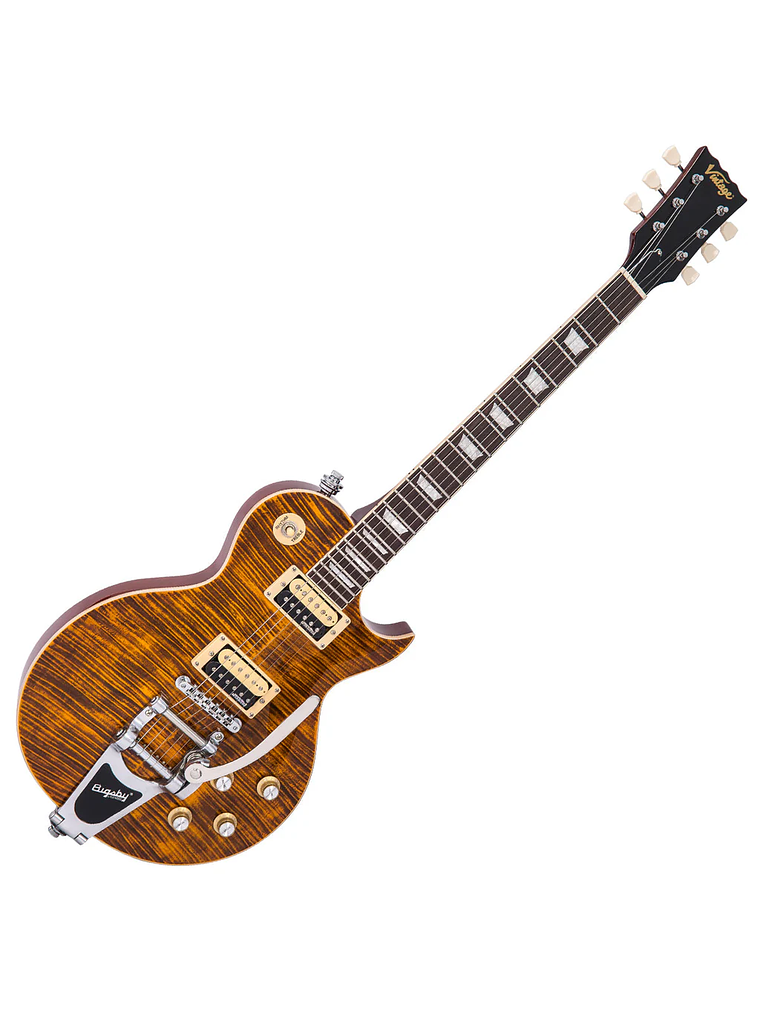 Guitarra eléctrica vintage V100 reeditada con Bigsby ~ Ámbar flameado 1