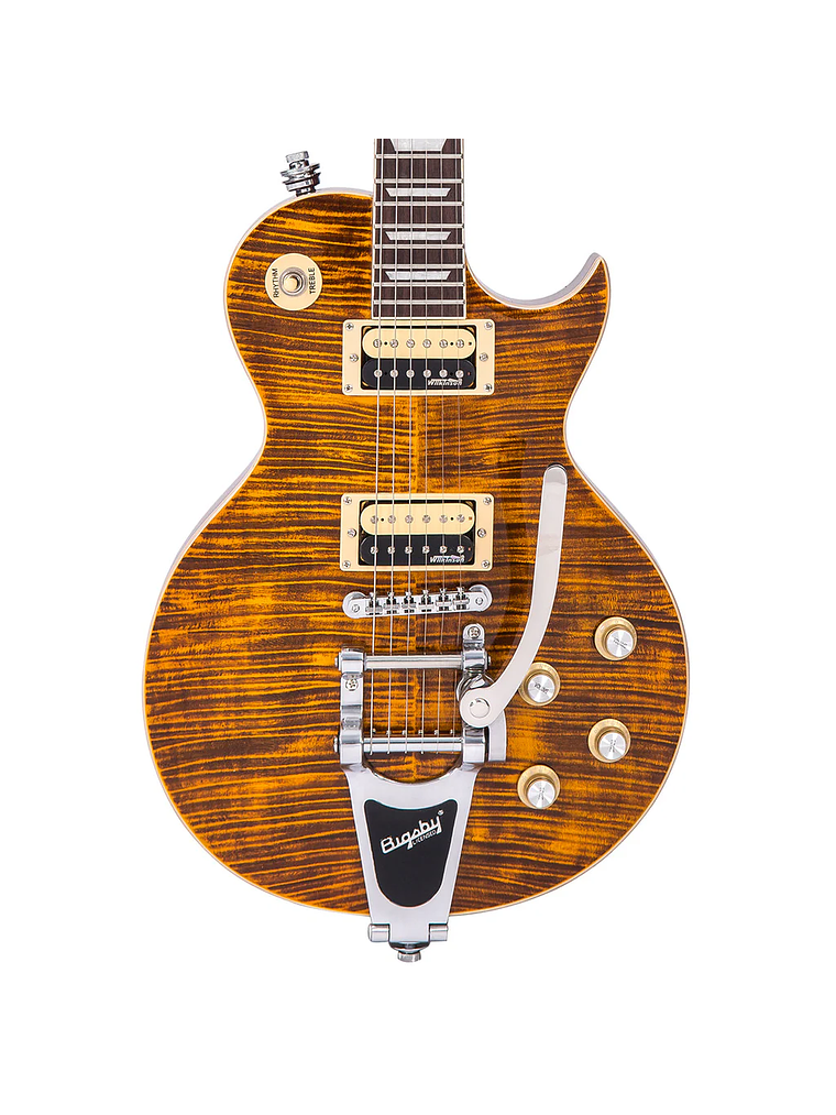 Guitarra eléctrica vintage V100 reeditada con Bigsby ~ Ámbar flameado 3