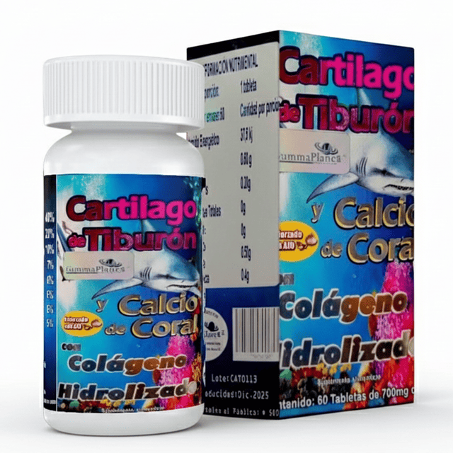 CARTÍLAGO DE TIBURÓN Y CALCIO DE CORAL + COLÁGENO 60 TABLETAS