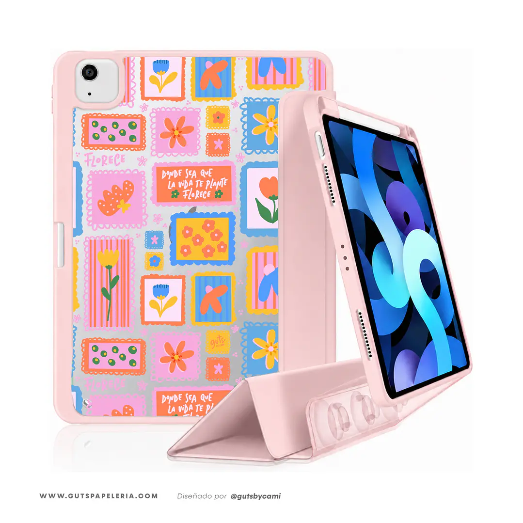 Carcasa iPad Con tapa Rosada Flowers Stamp 2