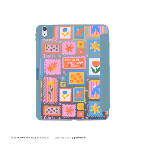 Carcasa iPad con tapa Azul Flowers Stamp