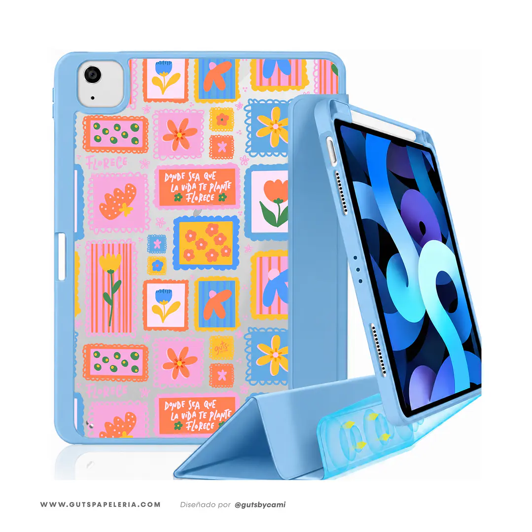 Carcasa iPad con tapa Azul Flowers Stamp 2