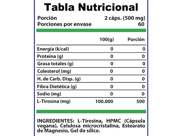 L Tirosina 250mg 120 Cápsulas Control De Peso