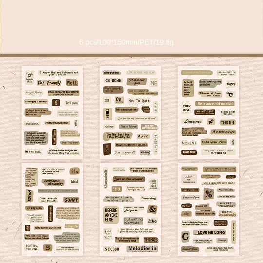 Set de 6 laminas de stickers con frases