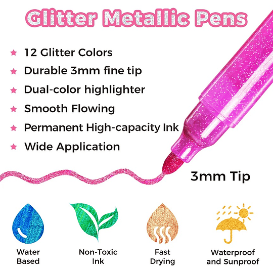 Ohuhu 12 Marcadores Puenta Gruesa 3mm Glitter Metálicos