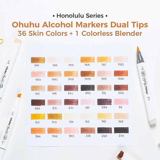 Ohuhu 36 Marcadores de Alcohol Tonos Pieles + Blender, Serie Honolulu