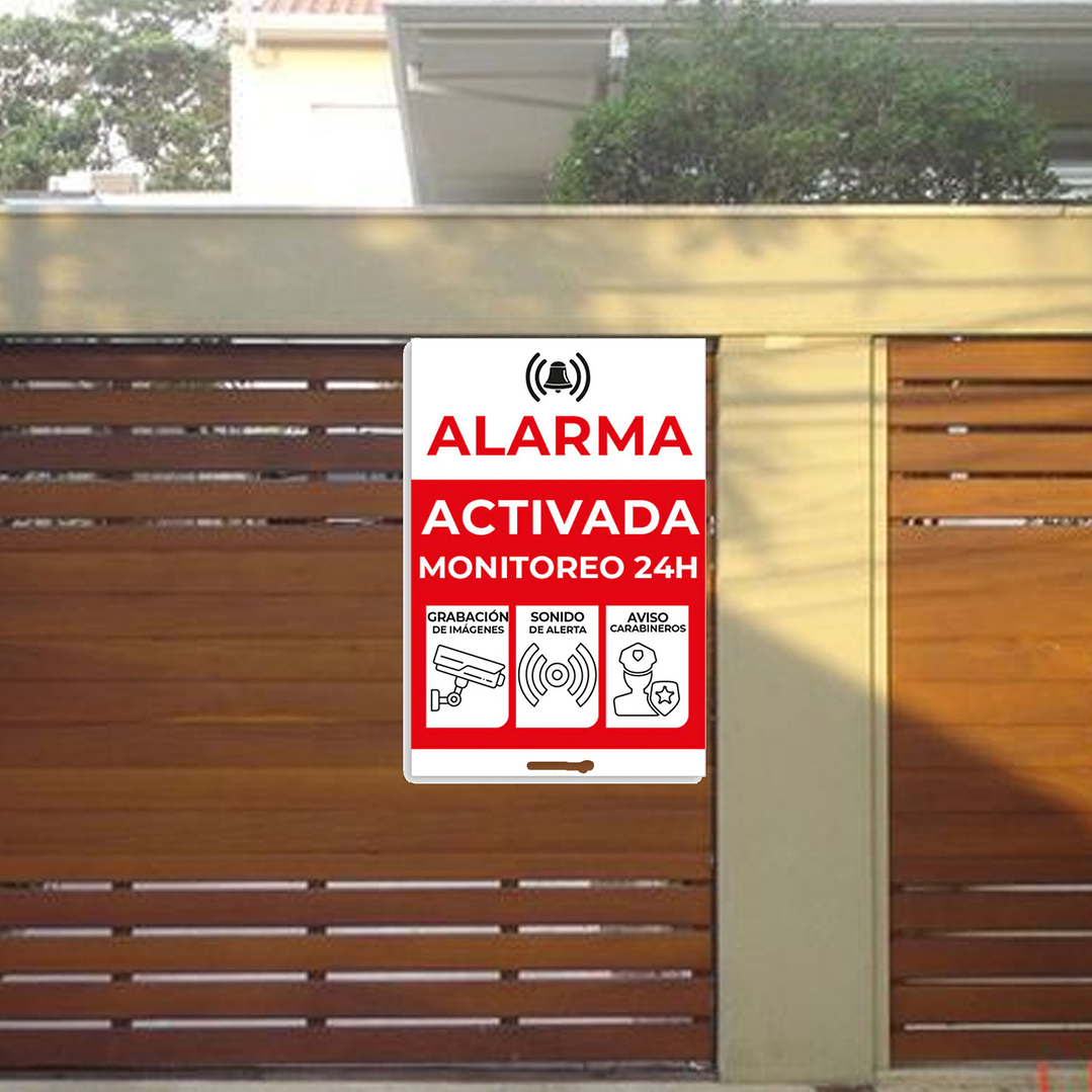Aviso en base aluminio, Disuasiva Alarma Activada fondo blanco 3