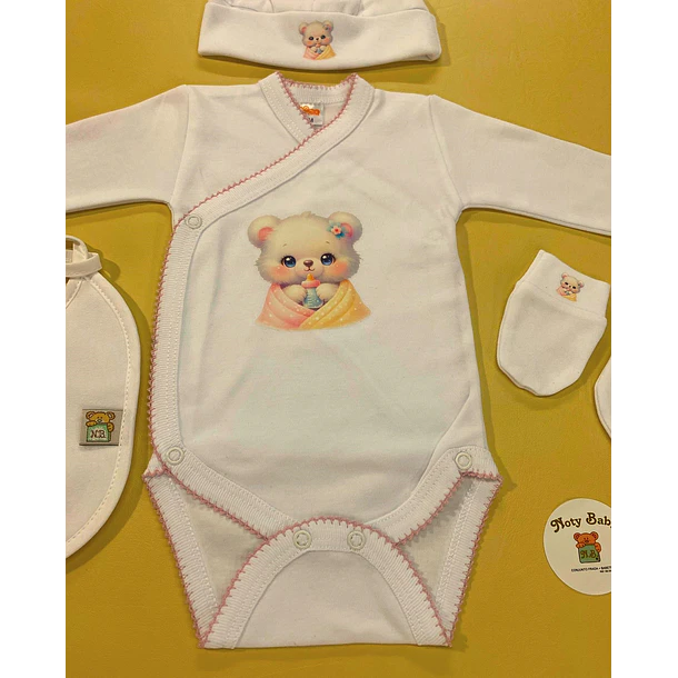 Conjunto de Body+   Gorro  +  luvas + Babete 100% algodão 3