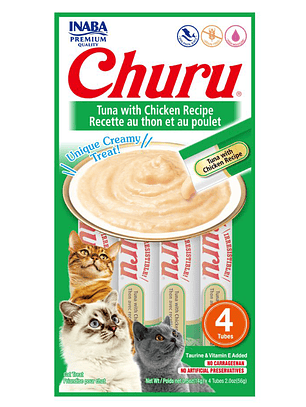 CHURU GATO SABOR ATÚN Y POLLO 4 TUBOS 