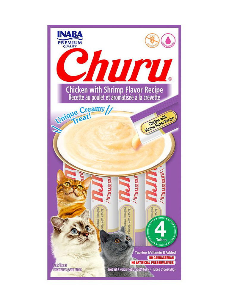CHURU GATO SABOR POLLO Y CAMARÓN 4 TUBOS  1