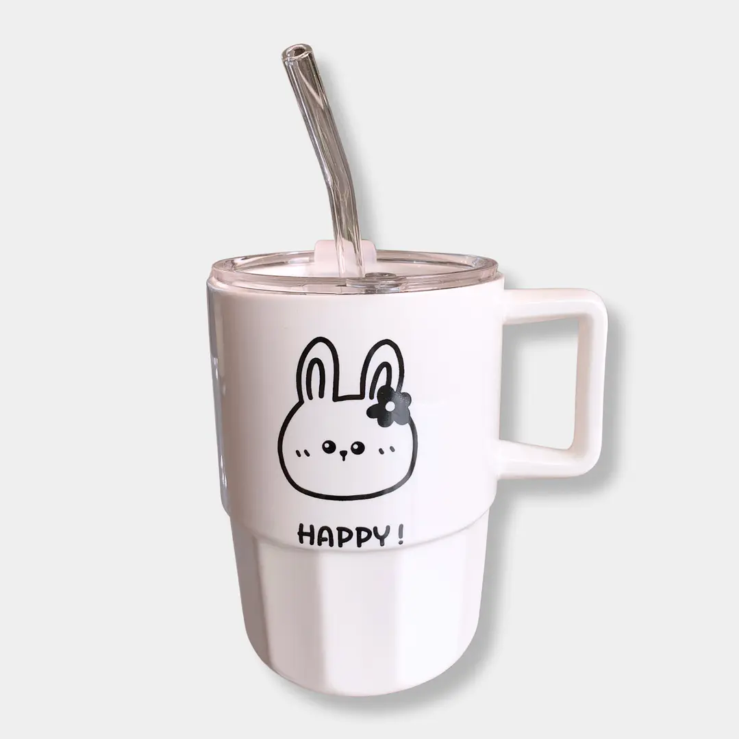 VASO CERAMICA BLANCO CON BOMBILLA CONEJO 1