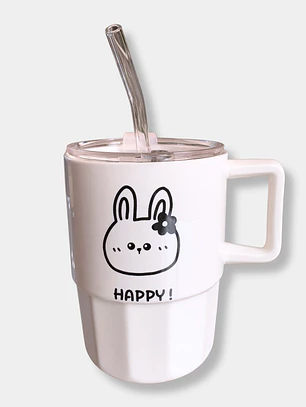 VASO CERAMICA BLANCO CON BOMBILLA CONEJO