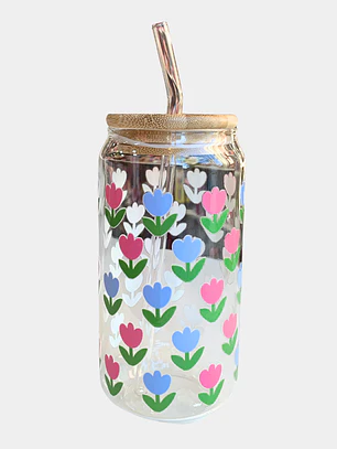VASO VIDRIO TAPA BAMBU FLORES