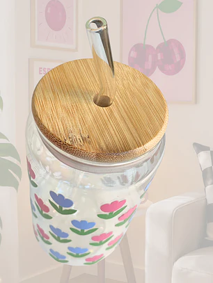 VASO VIDRIO TAPA BAMBU FLORES