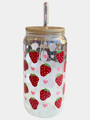 VASO VIDRIO TAPA BAMBU FRUTILLAS