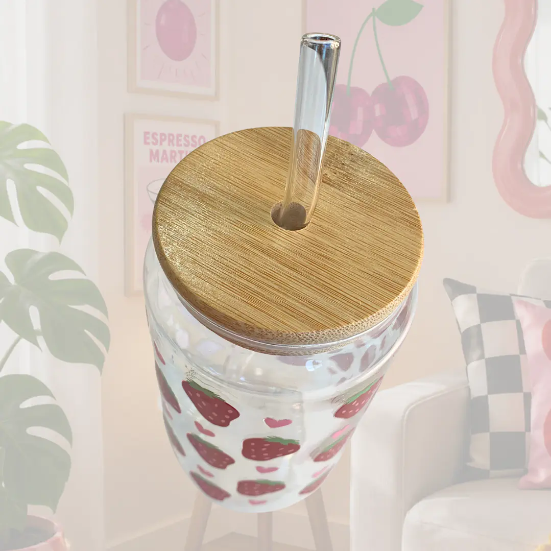 VASO VIDRIO TAPA BAMBU FRUTILLAS 2