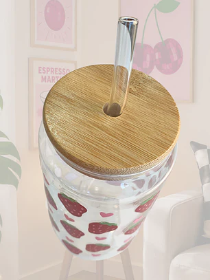 VASO VIDRIO TAPA BAMBU FRUTILLAS