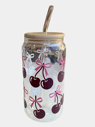 VASO VIDRIO TAPA BAMBU CEREZAS