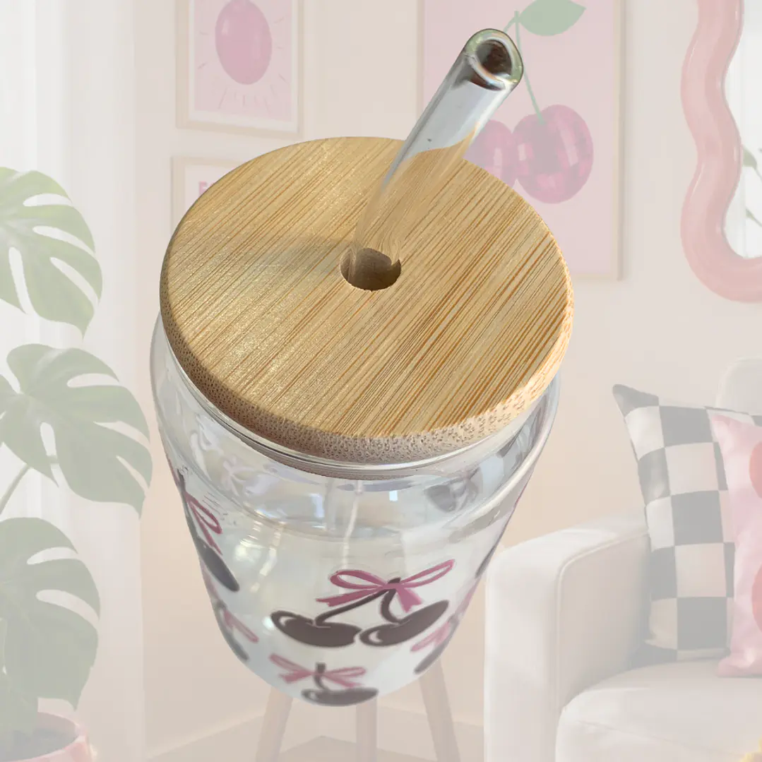 VASO VIDRIO TAPA BAMBU CEREZAS 2