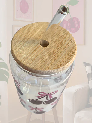 VASO VIDRIO TAPA BAMBU CEREZAS