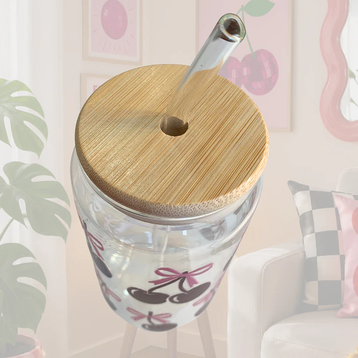 VASO VIDRIO TAPA BAMBU CEREZAS 2