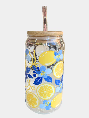 VASO VIDRIO TAPA BAMBU LIMONES 