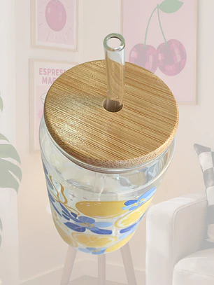 VASO VIDRIO TAPA BAMBU LIMONES 