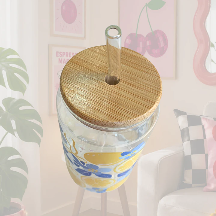 VASO VIDRIO TAPA BAMBU LIMONES  2