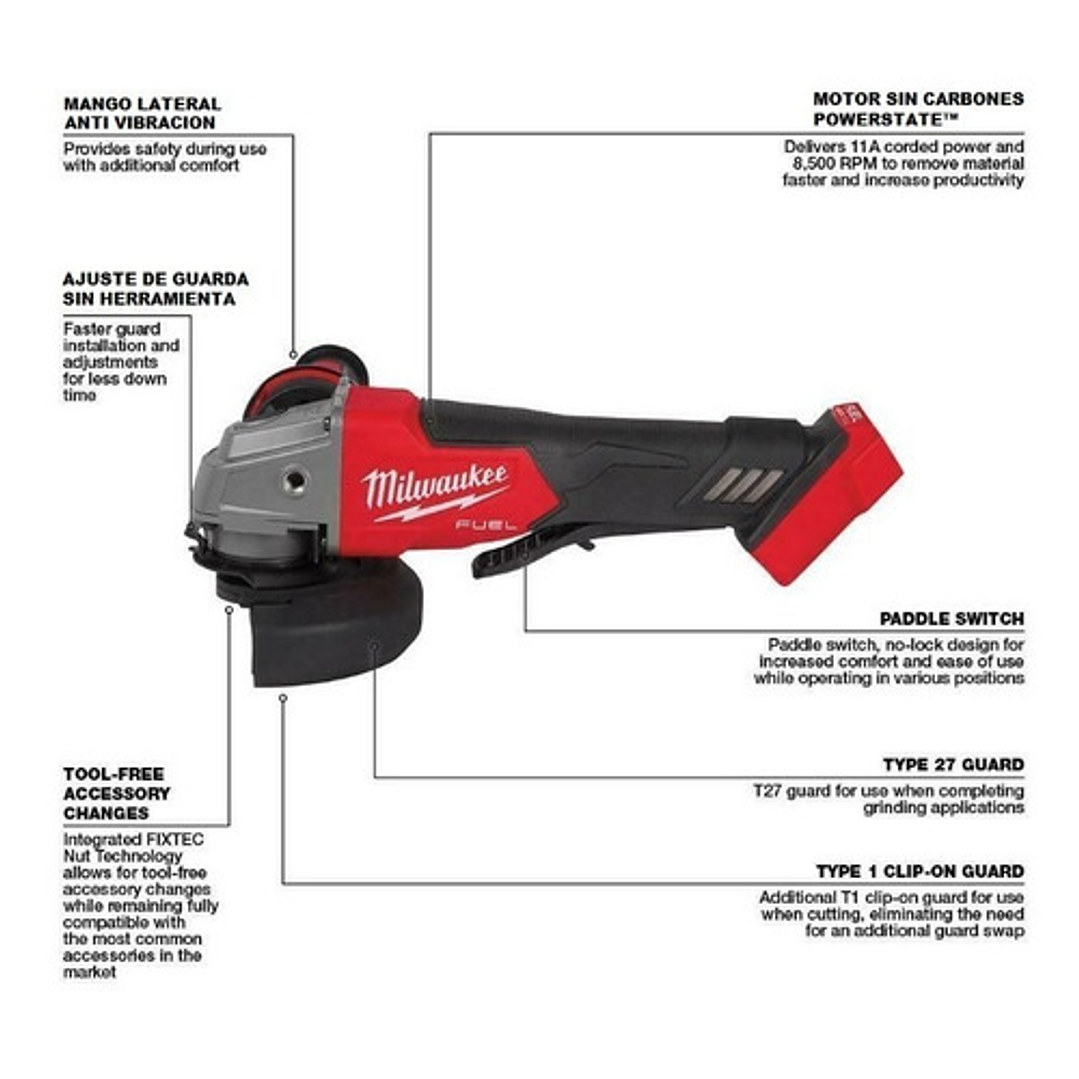 Miniesmeril Angular Inalámbrico Milwaukee M18 Fuel 2880-20 Rojo 1400 W + Accesorio 9