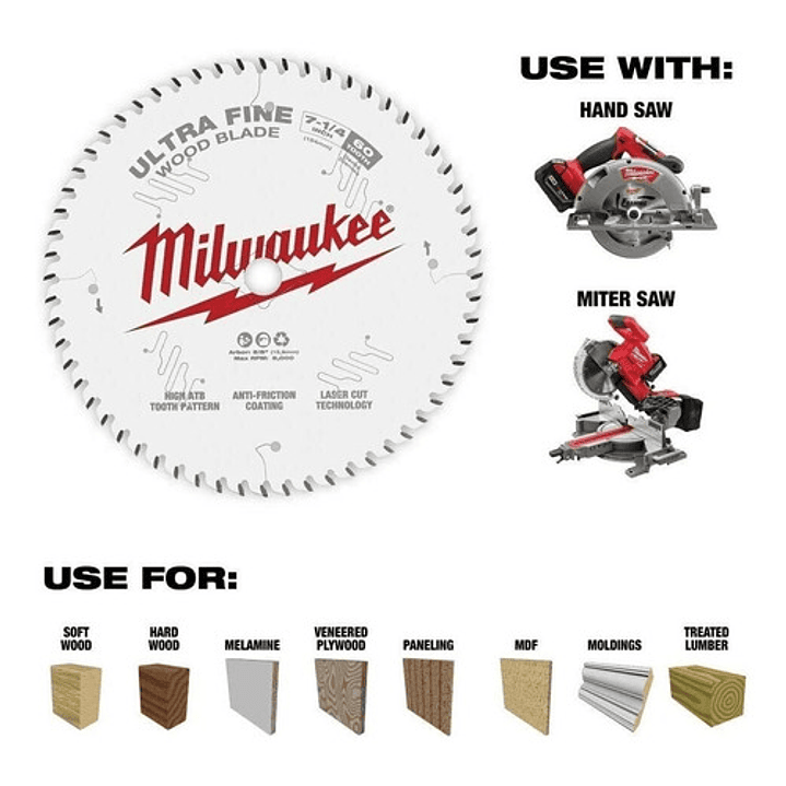 Milwaukee Disco Sierra 7 1/4 60 Dientes Acabado Ultra Fino Color Blanco 2