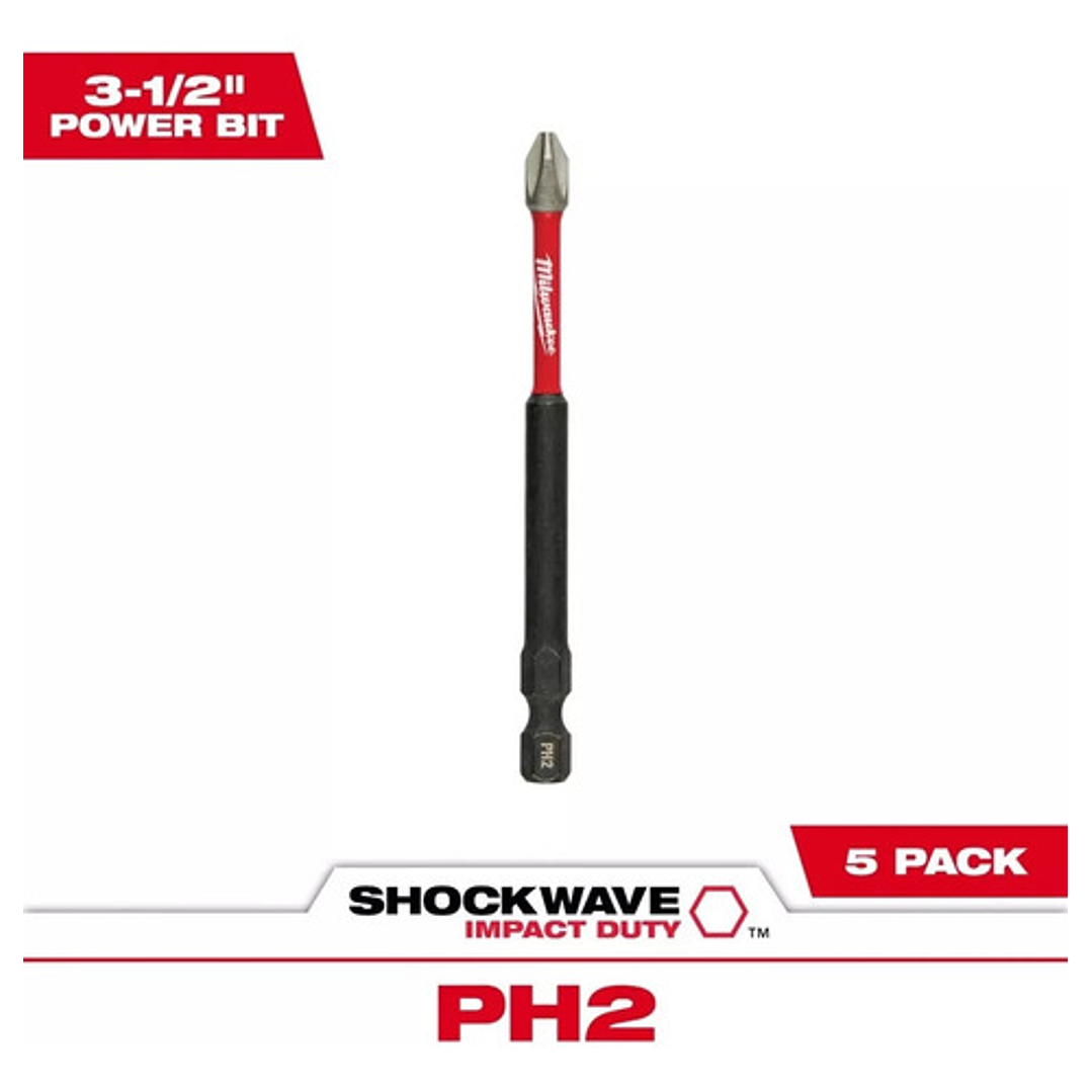 Milwaukee 5 Puntas Ph2 Largas 3-1/2  Shockwave Impact Duty 2