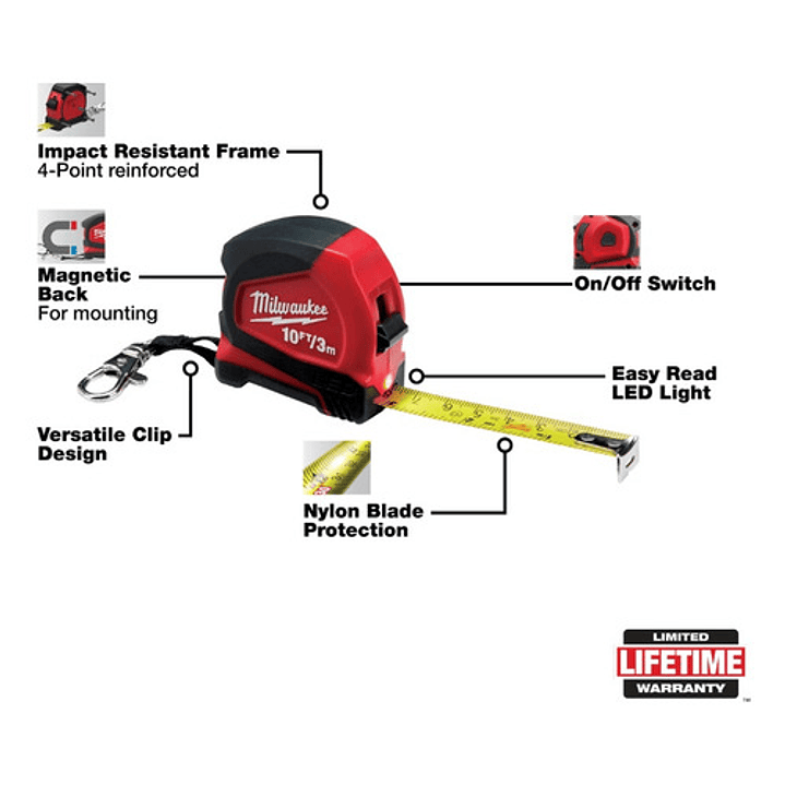 Huincha Cinta Métrica 3mts Con Luz Led 48-22-6601 Milwaukee 4