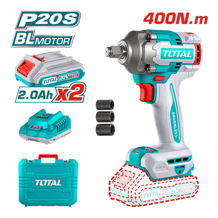 Llave Impacto Brushless 1/2 400nm + 2 Bat 2a + Carg Total Color Turquesa Frecuencia 50/60hz 20v 2