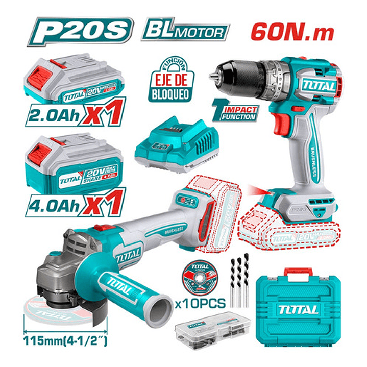 Taladro Blmotor + Esmeril Blmotor + 2 Bat + Carg + Acc Total TCKLI20273 2