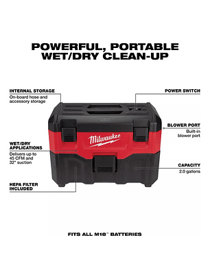 Aspiradora Batería M18 Seco Húmedo (0880-20) Milwaukee