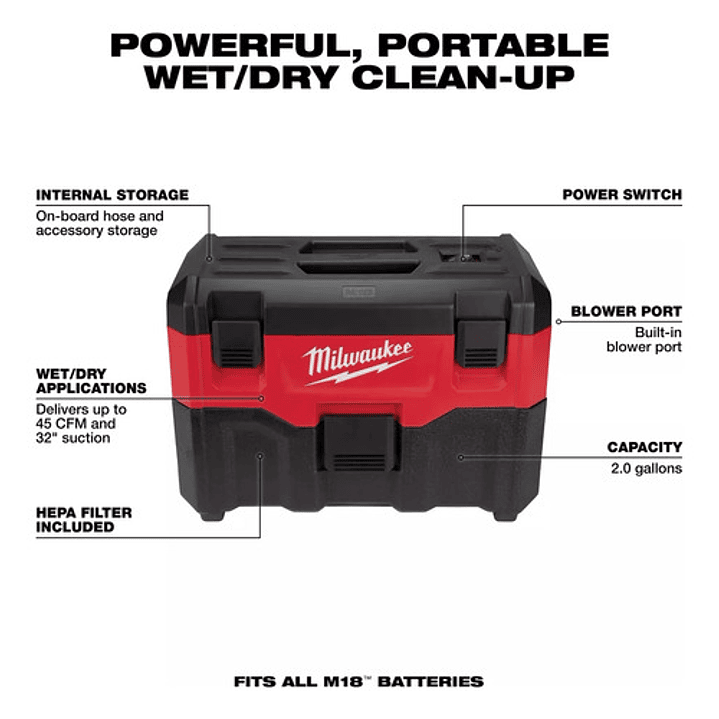 Aspiradora Batería M18 Seco Húmedo (0880-20) Milwaukee 2