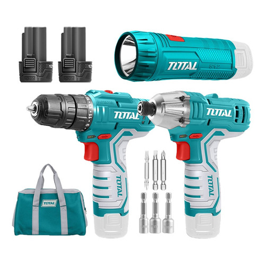 Combo Taladro + Atornillador + Linterna Inalámbric 12v Total Color Pantone 322c 1