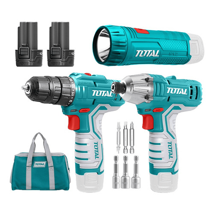 Combo Taladro + Atornillador + Linterna Inalámbric 12v Total Color Pantone 322c 1