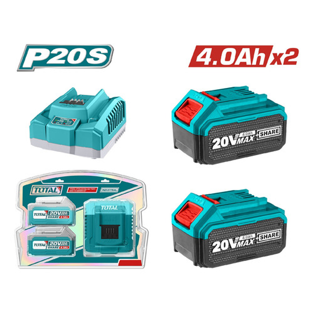 Pack 2 Baterías 4ah 20v + Cargador Inteligente Total 4