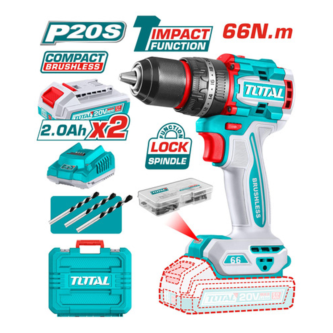 Taladro Percutor Total 66nm Brushless + 2bat + Maletin 2