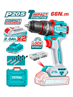 Taladro Percutor Total 66nm Brushless + 2bat + Maletin