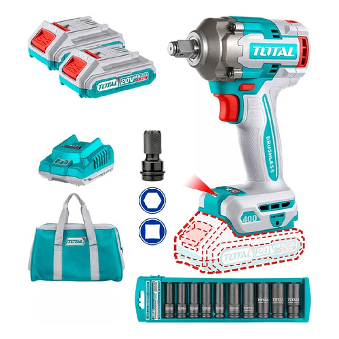 Llave Impacto 1/2 400 Nm 2 Bat 2ah Car + Bolso + Dados Total 1