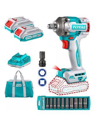 Llave Impacto 1/2 400 Nm 2 Bat 2ah Car + Bolso + Dados Total