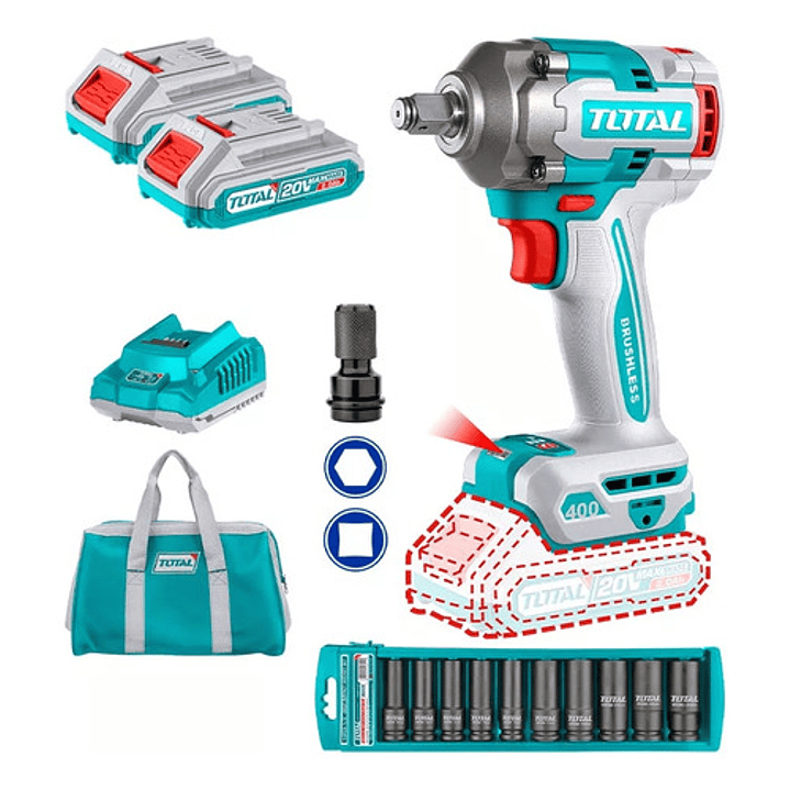 Llave Impacto 1/2 400 Nm 2 Bat 2ah Car + Bolso + Dados Total 1