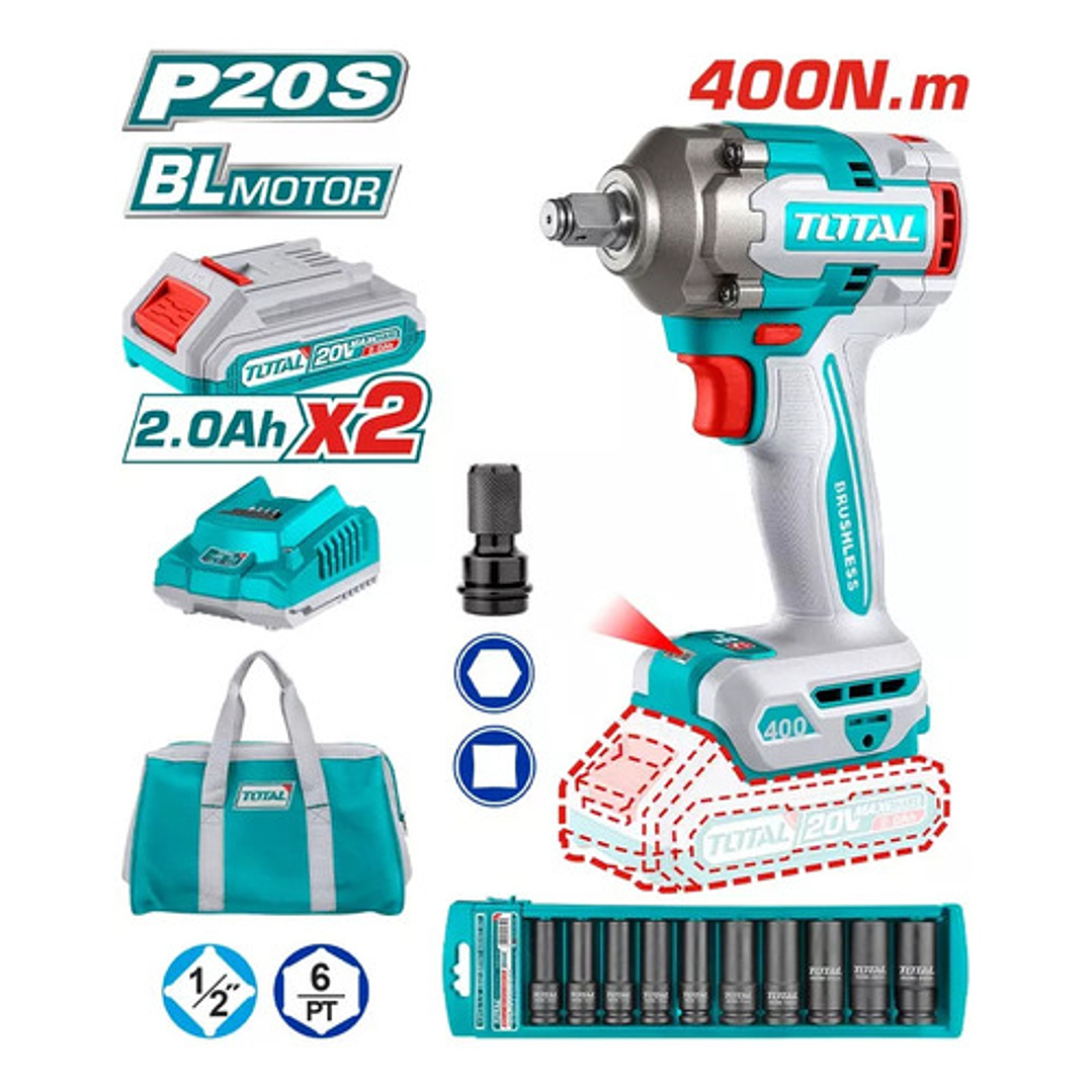Llave Impacto 1/2 400 Nm 2 Bat 2ah Car + Bolso + Dados Total 2