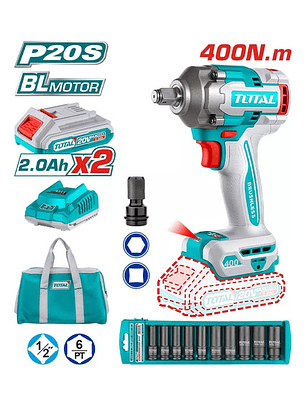 Llave Impacto 1/2 400 Nm 2 Bat 2ah Car + Bolso + Dados Total