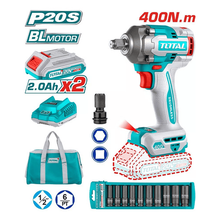 Llave Impacto 1/2 400 Nm 2 Bat 2ah Car + Bolso + Dados Total 2
