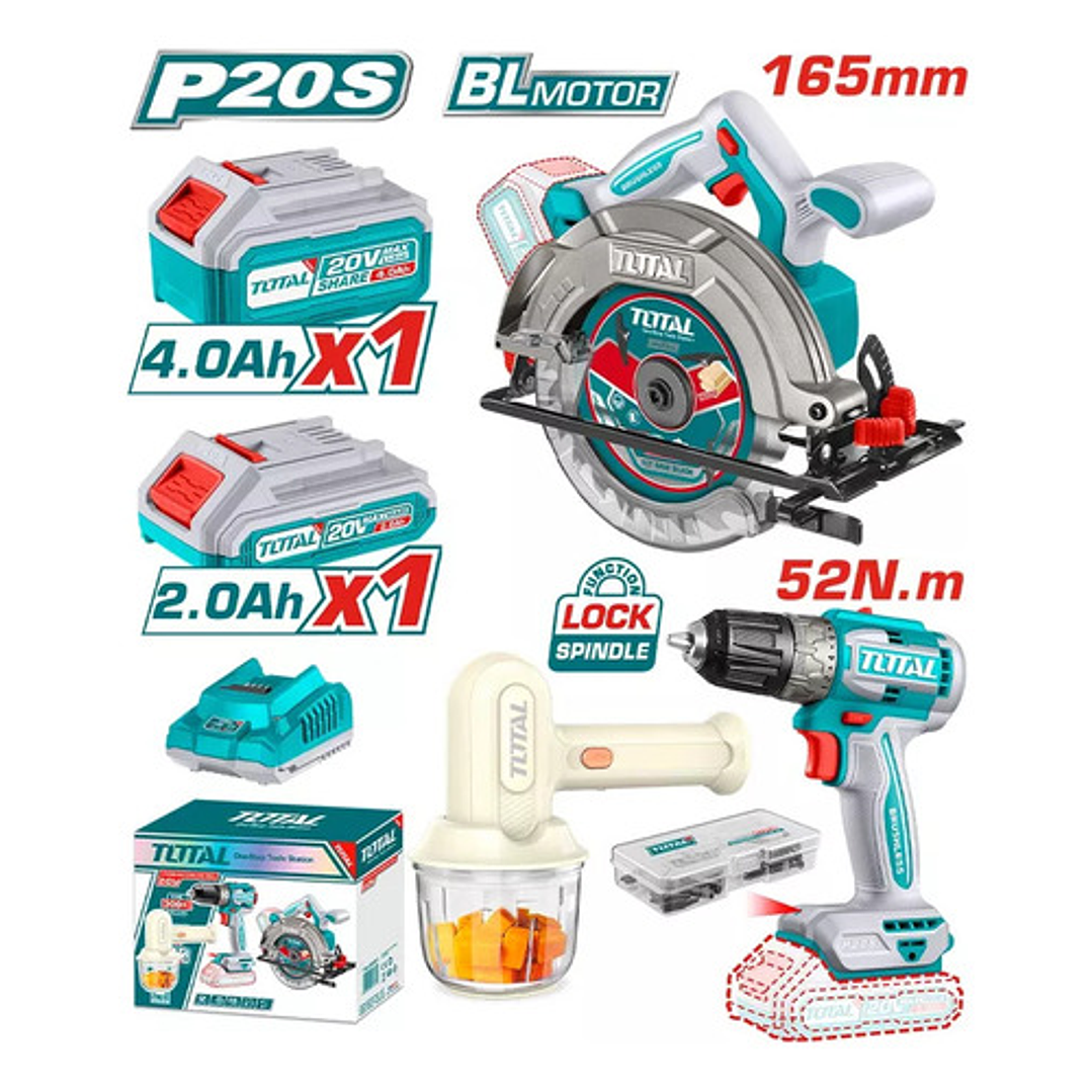 Sierra Circ 165mm 20v + Taladro 10mm + Batid. Mano 25w Total 2