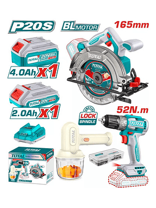 Sierra Circ 165mm 20v + Taladro 10mm + Batid. Mano 25w Total